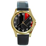 Gamer Tech Black Mesh Red Modern Shape Texture Geometric Pattern Round Gold Metal Watch
