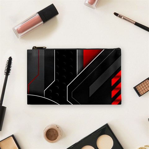 Gamer Tech Black Mesh Red Modern Shape Texture Geometric Pattern Cosmetic Bag (Small) from ArtsNow.com Front
