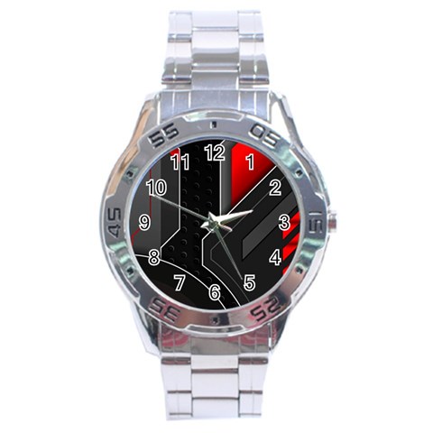 Gamer Tech Black Mesh Red Modern Shape Texture Geometric Pattern Stainless Steel Analogue Watch from ArtsNow.com Front