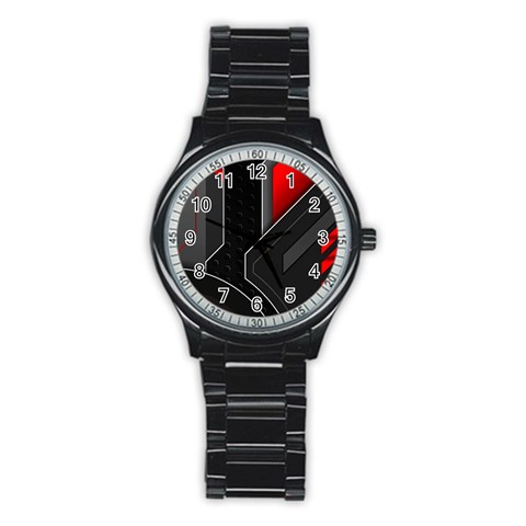 Gamer Tech Black Mesh Red Modern Shape Texture Geometric Pattern Stainless Steel Round Watch from ArtsNow.com Front