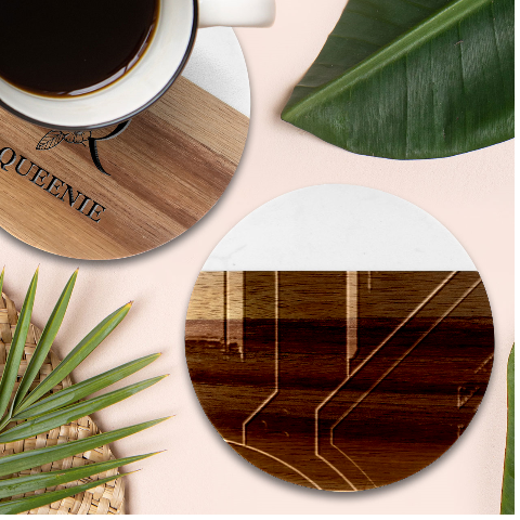 Gamer Tech Black Mesh Red Modern Shape Texture Geometric Pattern Marble Wood Coaster (Round) from ArtsNow.com Front