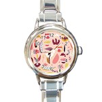 Scandinavian Flat Floral Background Coral Pink White Black Gold Pattern Round Italian Charm Watch