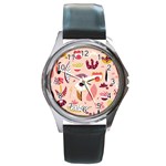 Scandinavian Flat Floral Background Coral Pink White Black Gold Pattern Round Metal Watch