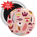 Scandinavian Flat Floral Background Coral Pink White Black Gold Pattern 3  Magnets (100 pack)