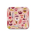 Scandinavian Flat Floral Background Coral Pink White Black Gold Pattern Rubber Square Coaster (4 pack)