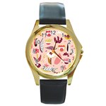 Scandinavian Flat Floral Background Coral Pink White Black Gold Pattern Round Gold Metal Watch