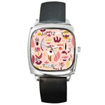 Scandinavian Flat Floral Background Coral Pink White Black Gold Pattern Square Metal Watch