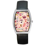 Scandinavian Flat Floral Background Coral Pink White Black Gold Pattern Barrel Style Metal Watch