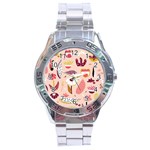Scandinavian Flat Floral Background Coral Pink White Black Gold Pattern Stainless Steel Analogue Watch