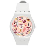 Scandinavian Flat Floral Background Coral Pink White Black Gold Pattern Round Plastic Sport Watch (M)