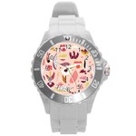 Scandinavian Flat Floral Background Coral Pink White Black Gold Pattern Round Plastic Sport Watch (L)
