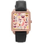 Scandinavian Flat Floral Background Coral Pink White Black Gold Pattern Rose Gold Leather Watch 