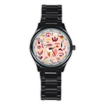 Scandinavian Flat Floral Background Coral Pink White Black Gold Pattern Stainless Steel Round Watch