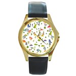 Baby Dino Seamless Pattern Round Gold Metal Watch