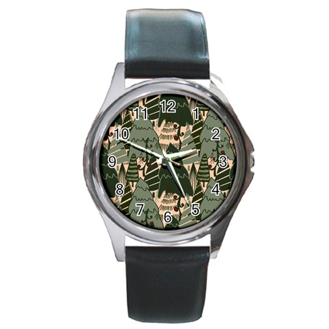 Christmas Vector Seamless Tree Pattern Round Metal Watch from ArtsNow.com Front