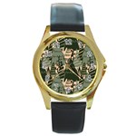 Christmas Vector Seamless Tree Pattern Round Gold Metal Watch
