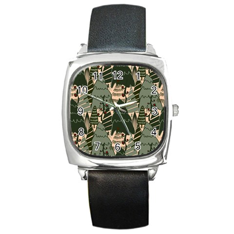 Christmas Vector Seamless Tree Pattern Square Metal Watch from ArtsNow.com Front