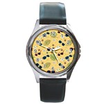 Seamless Pattern Of Sunglasses Tropical Leaves And Flowers Round Metal Watch