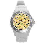 Seamless Pattern Of Sunglasses Tropical Leaves And Flowers Round Plastic Sport Watch (L)