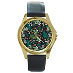 Pattern Forest Leaf Flower Motif Round Gold Metal Watch