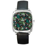Pattern Forest Leaf Flower Motif Square Metal Watch