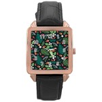 Pattern Forest Leaf Flower Motif Rose Gold Leather Watch 