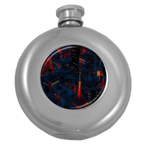 Architecture City Pixel Art Round Hip Flask (5 oz) from ArtsNow.com Front