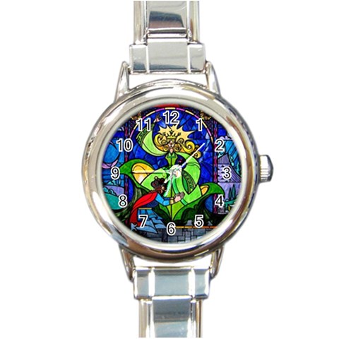 Beauty And The Beast Stained Glass Rose Round Italian Charm Watch from ArtsNow.com Front