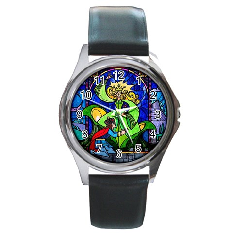 Beauty And The Beast Stained Glass Rose Round Metal Watch from ArtsNow.com Front