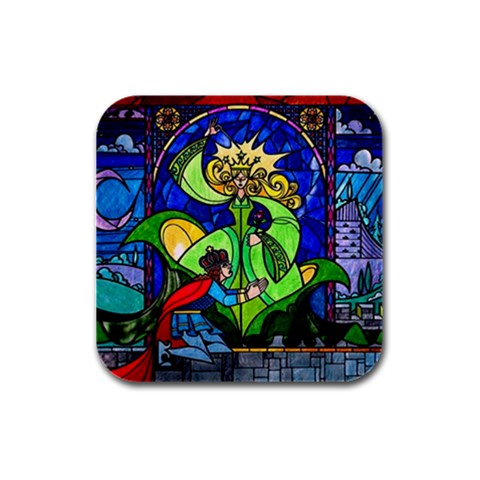 Beauty And The Beast Stained Glass Rose Rubber Square Coaster (4 pack) from ArtsNow.com Front