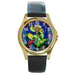Beauty And The Beast Stained Glass Rose Round Gold Metal Watch