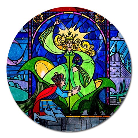 Beauty And The Beast Stained Glass Rose Magnet 5  (Round) from ArtsNow.com Front