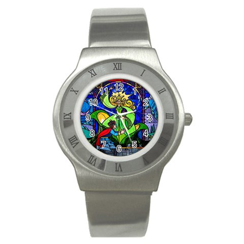 Beauty And The Beast Stained Glass Rose Stainless Steel Watch from ArtsNow.com Front