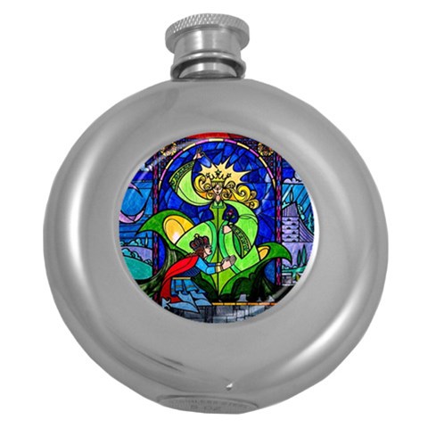 Beauty And The Beast Stained Glass Rose Round Hip Flask (5 oz) from ArtsNow.com Front
