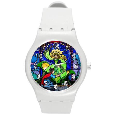 Beauty And The Beast Stained Glass Rose Round Plastic Sport Watch (M) from ArtsNow.com Front