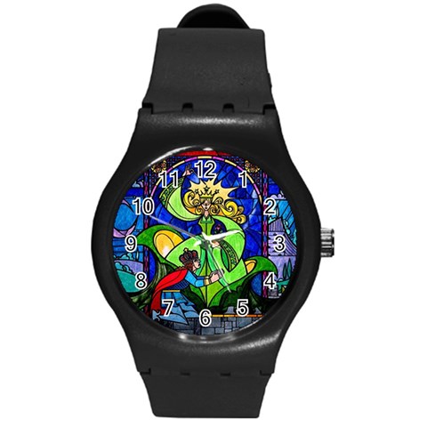 Beauty And The Beast Stained Glass Rose Round Plastic Sport Watch (M) from ArtsNow.com Front