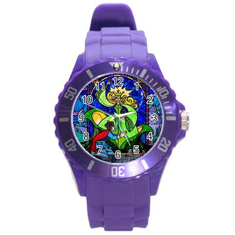 Beauty And The Beast Stained Glass Rose Round Plastic Sport Watch (L) from ArtsNow.com Front