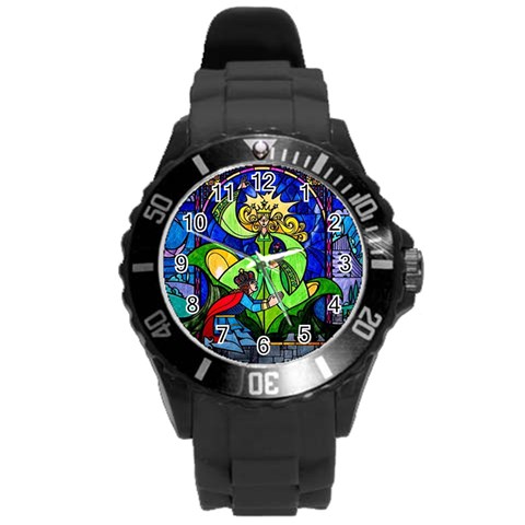 Beauty And The Beast Stained Glass Rose Round Plastic Sport Watch (L) from ArtsNow.com Front