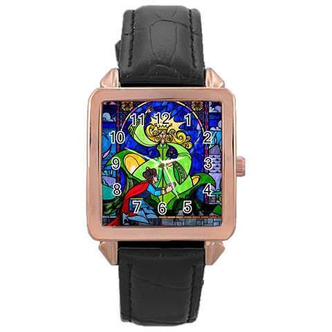 Beauty And The Beast Stained Glass Rose Rose Gold Leather Watch  from ArtsNow.com Front