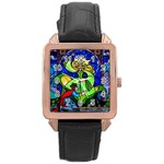 Beauty And The Beast Stained Glass Rose Rose Gold Leather Watch 