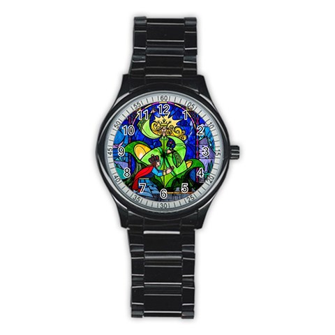 Beauty And The Beast Stained Glass Rose Stainless Steel Round Watch from ArtsNow.com Front