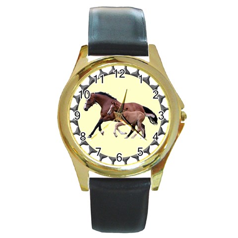 Mare n foal Round Gold Metal Watch from ArtsNow.com Front