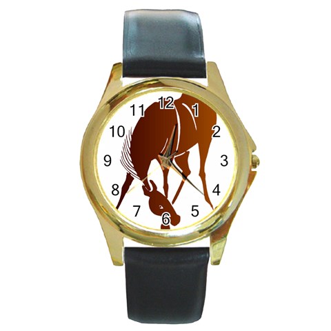 Bowing horse Round Gold Metal Watch from ArtsNow.com Front