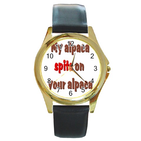 My alpaca spits Round Gold Metal Watch from ArtsNow.com Front