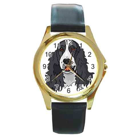 Spaniel Round Gold Metal Watch from ArtsNow.com Front