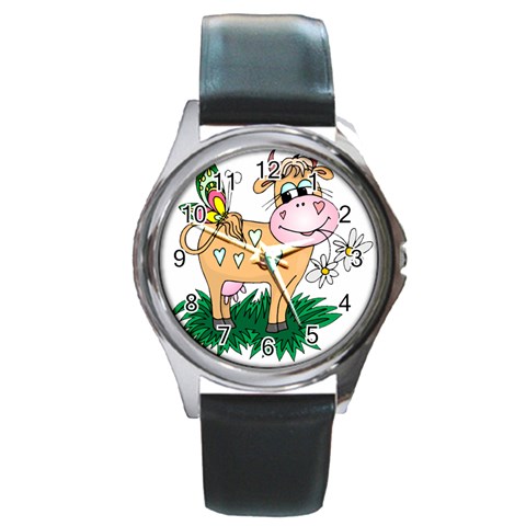 Cute cow Round Metal Watch from ArtsNow.com Front