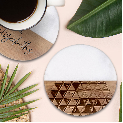 Cube Diced Tile Background Image Classic Marble Wood Coaster (Round)  from ArtsNow.com Front