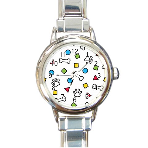 Dog Paw Seamless Pattern Footprint Bone Round Italian Charm Watch from ArtsNow.com Front