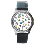 Dog Paw Seamless Pattern Footprint Bone Round Metal Watch
