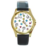 Dog Paw Seamless Pattern Footprint Bone Round Gold Metal Watch
